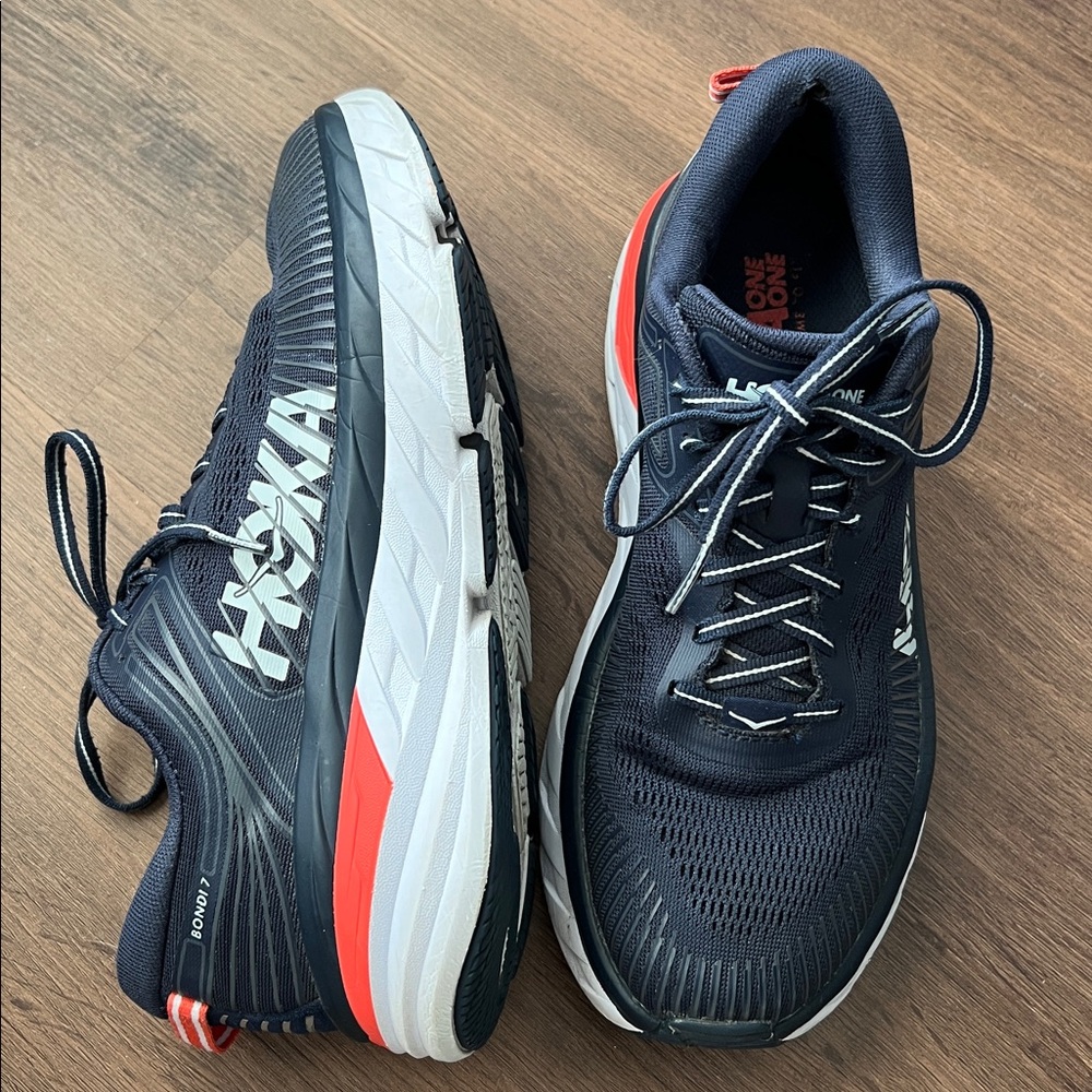 Hoka One One Dark Blue and Bright Red Athletic Shoes Sneakers Women’s 9.5